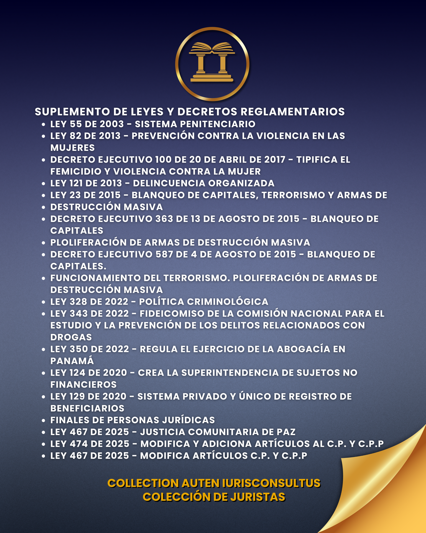 Código Penal Código Procesal Penal (Sistema Acusatorio) Código Judicial (Libros I, III, IV) Constitución Política